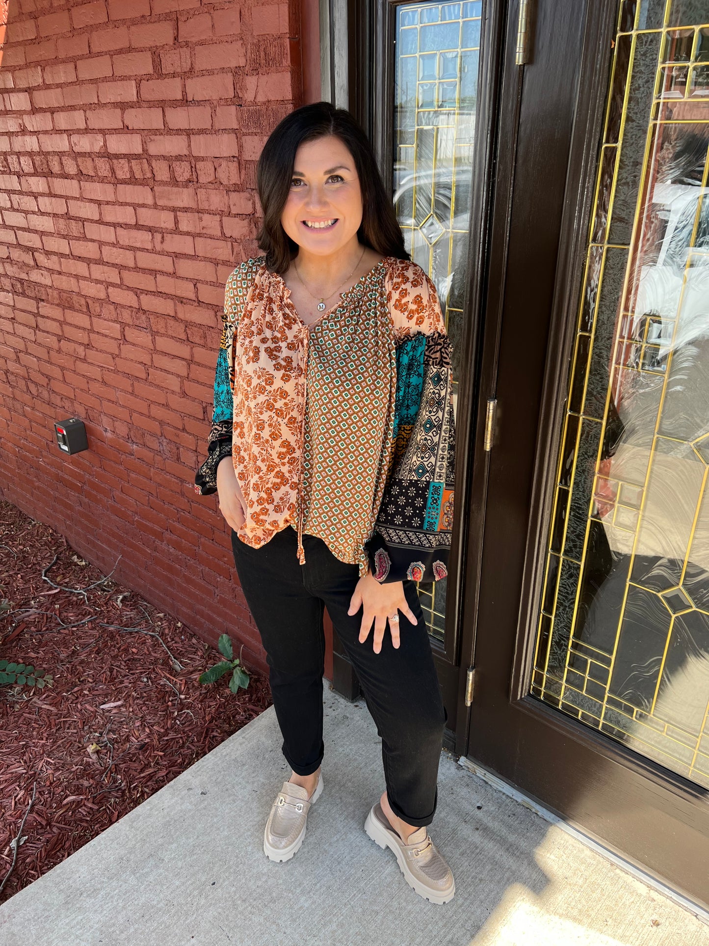 Camel Mixed Print Top