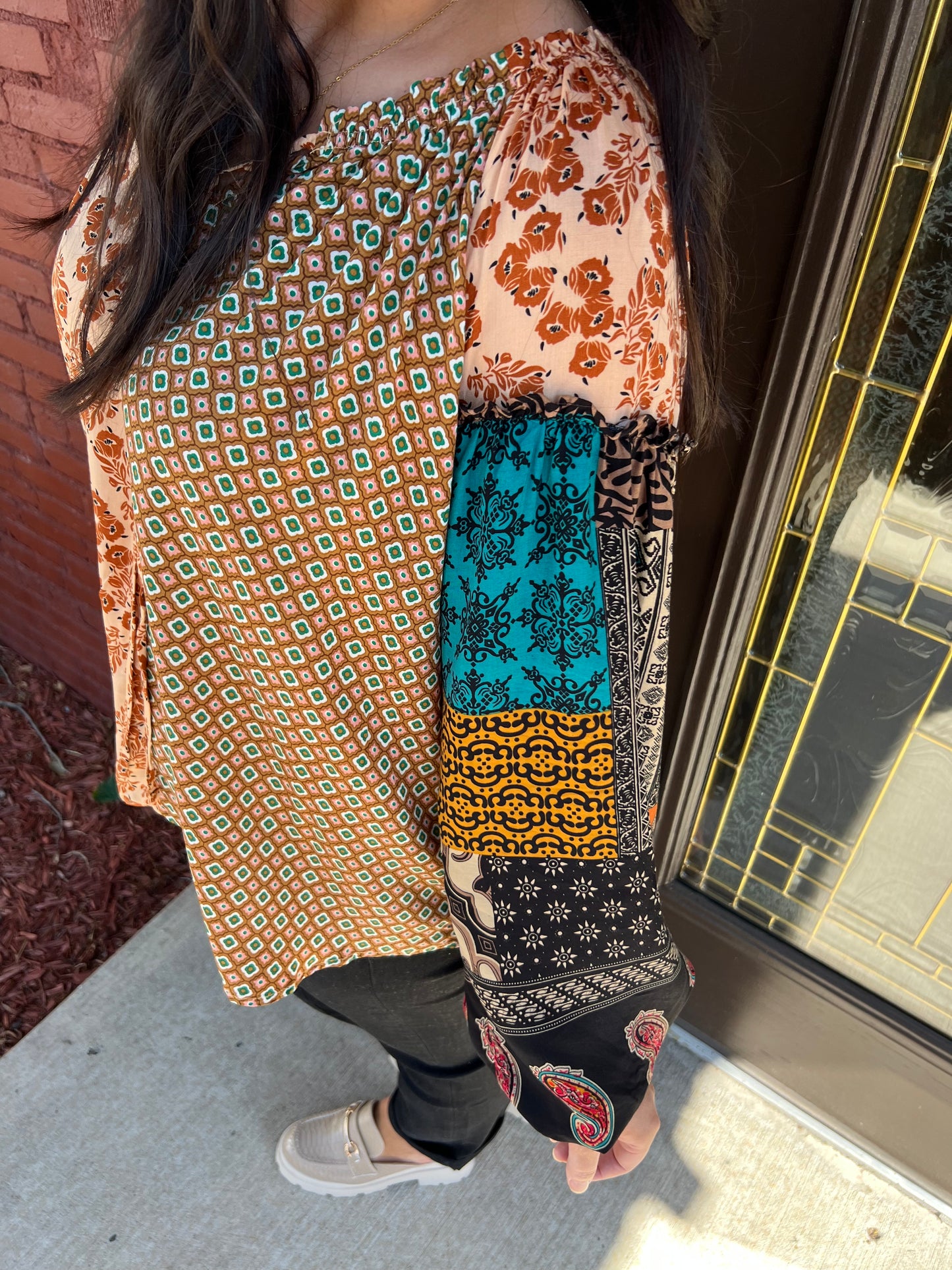 Camel Mixed Print Top