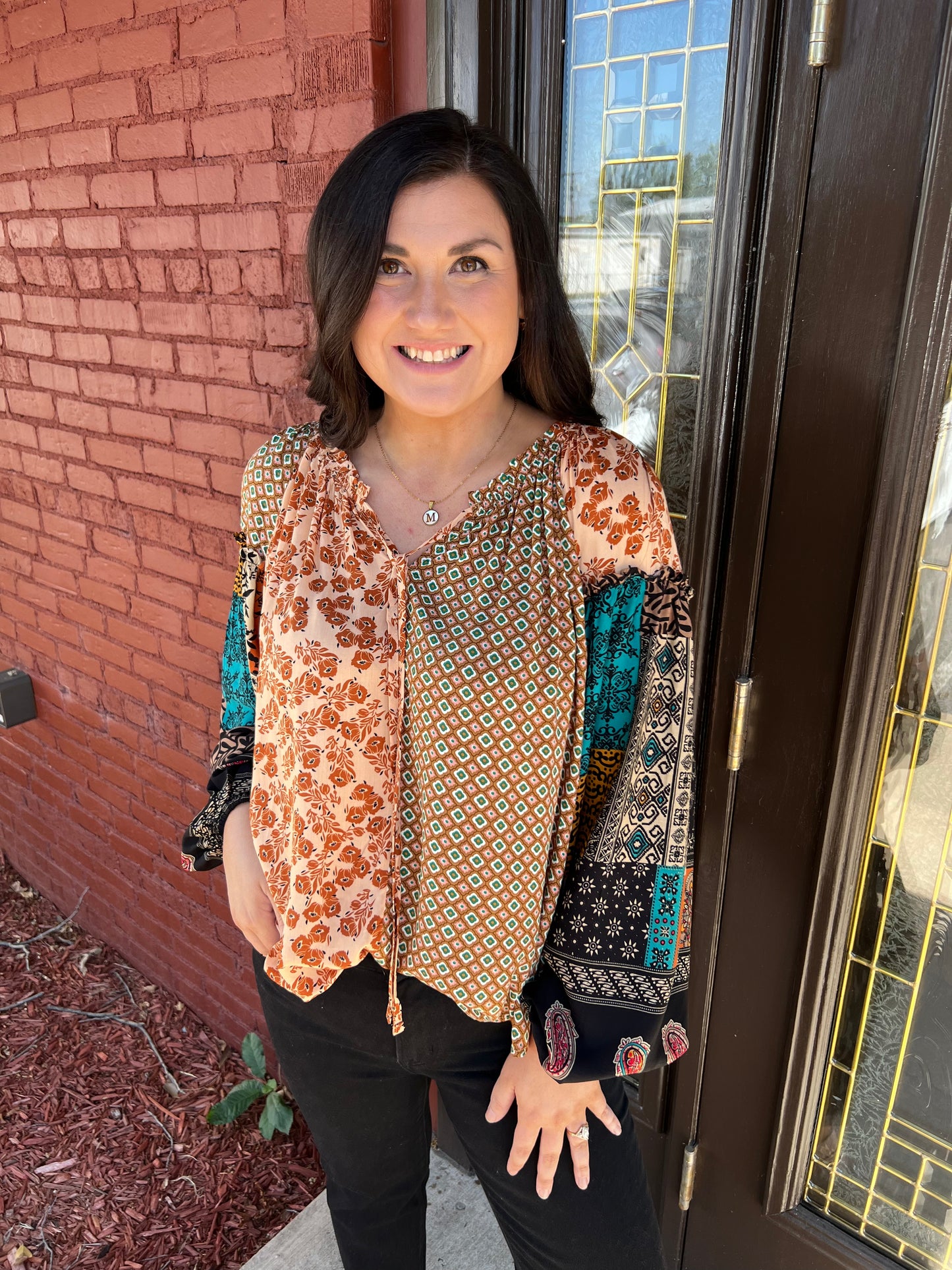 Camel Mixed Print Top