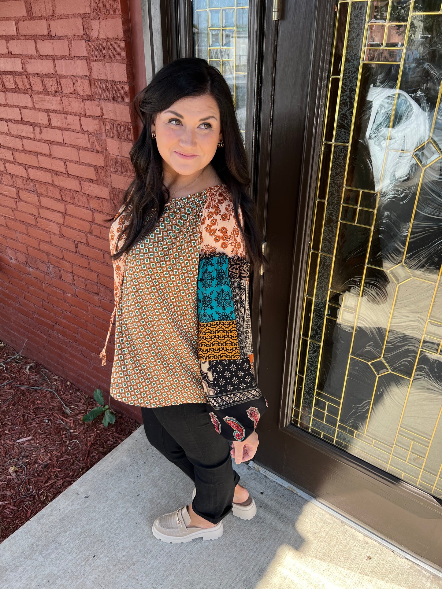 Camel Mixed Print Top