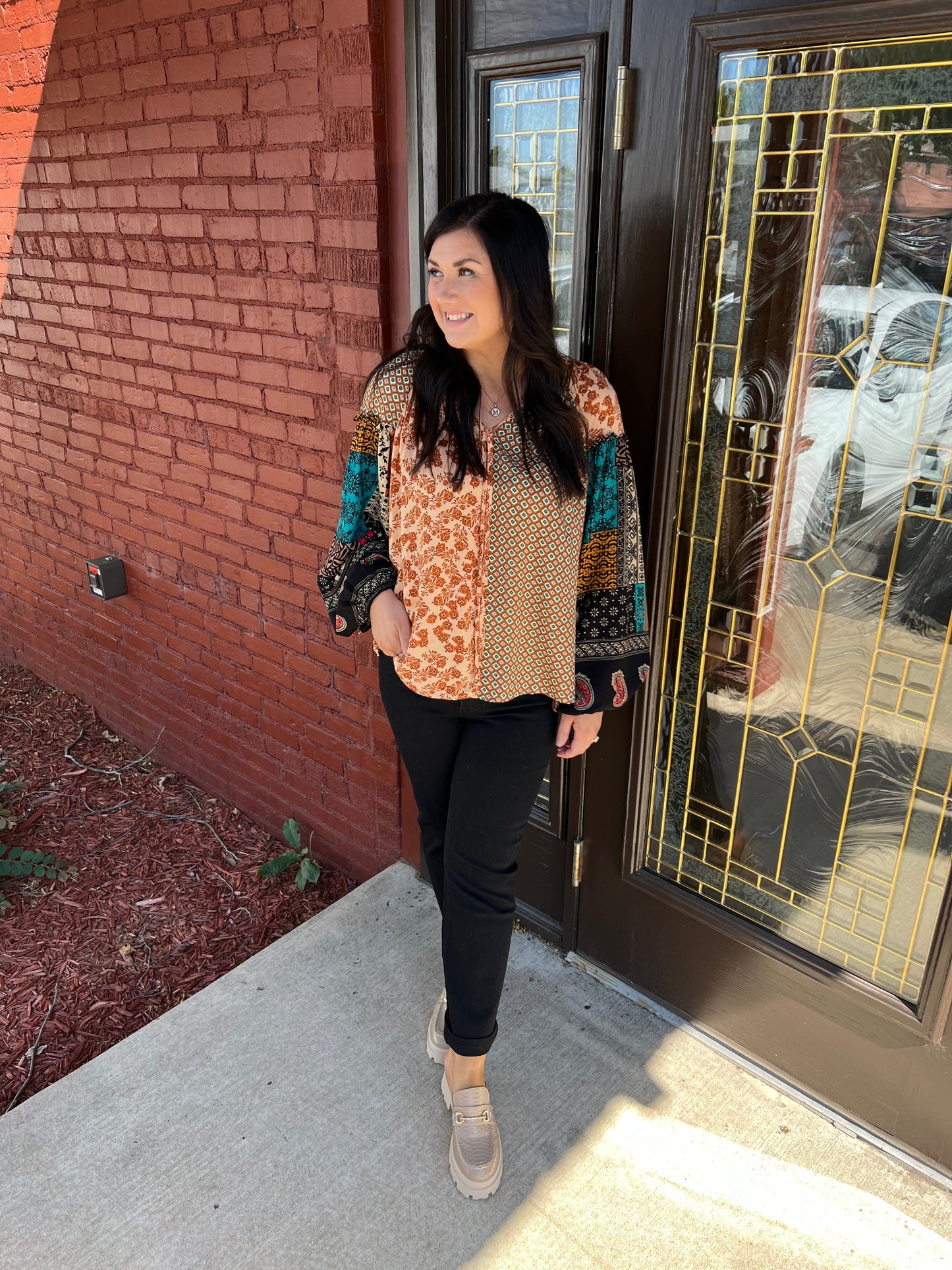 Camel Mixed Print Top