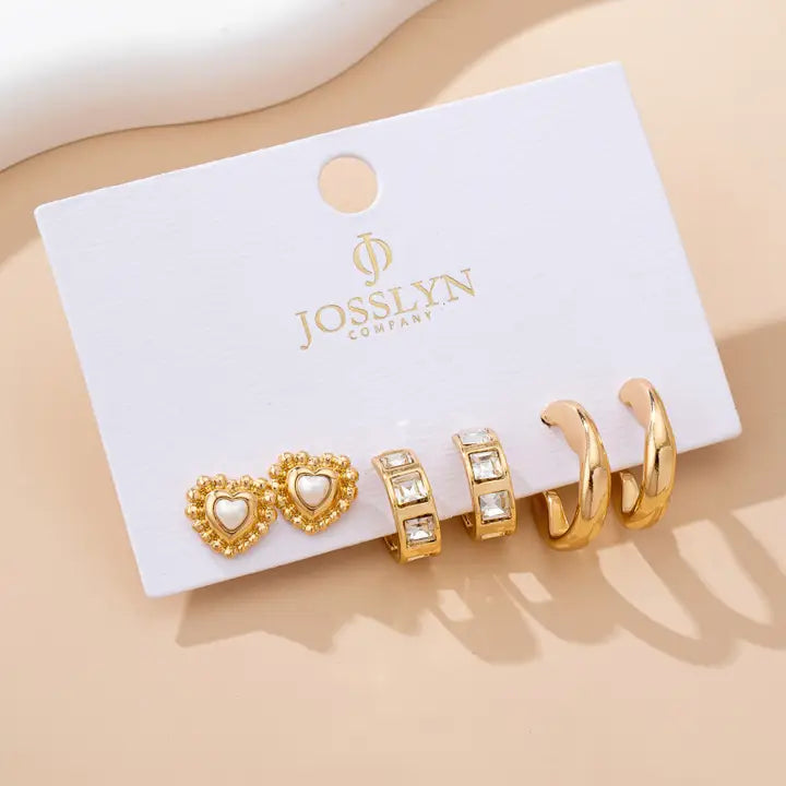 Pearl Heart & Rhinestone Huggie Set