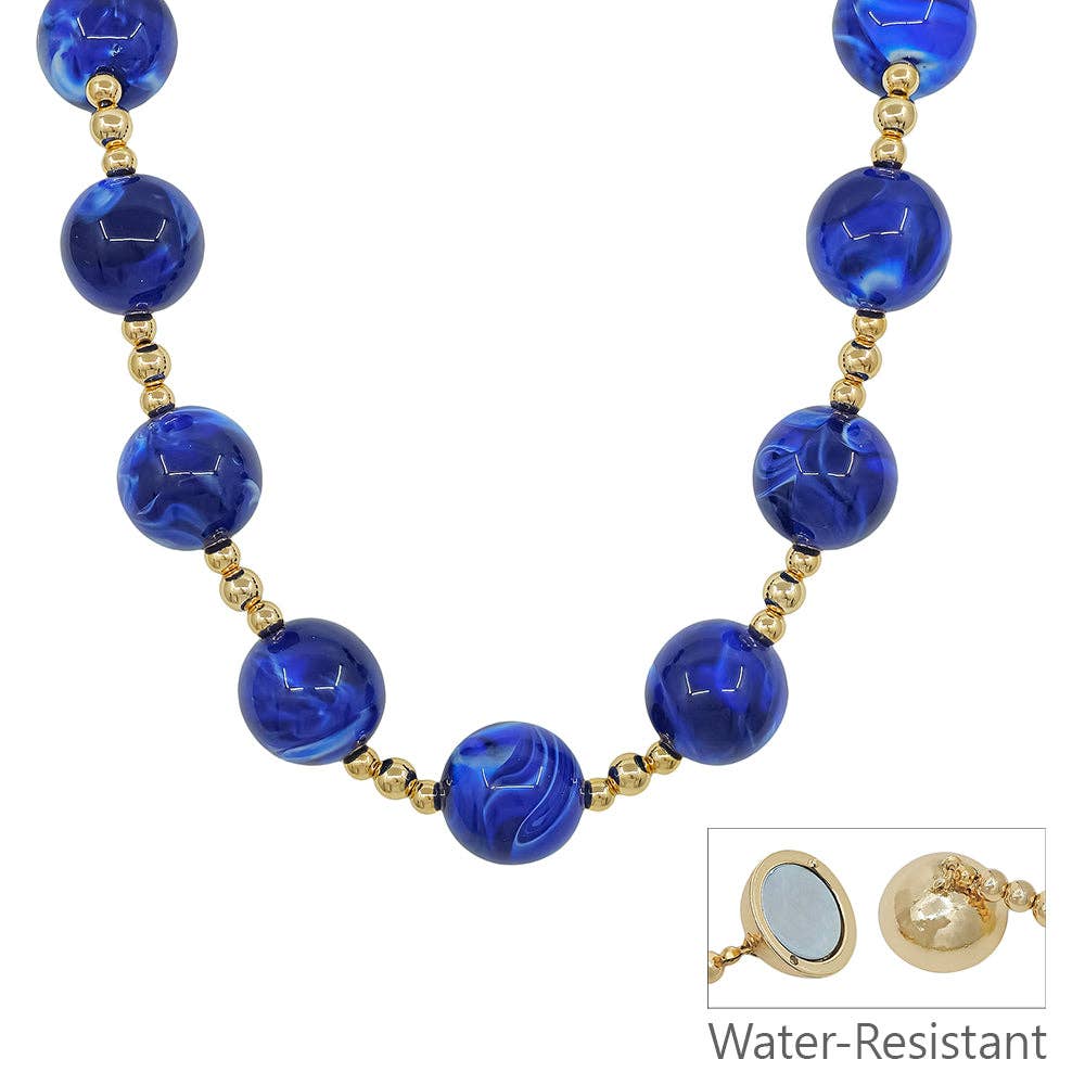 Water Resistant Gold and 20MM Large Beaded Navy Blue Magnetic Closure Necklace