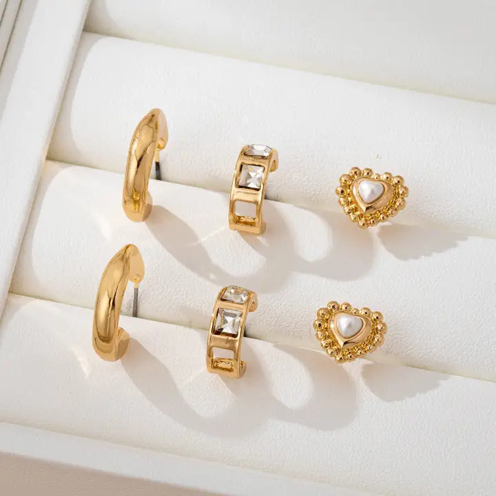 Pearl Heart & Rhinestone Huggie Set