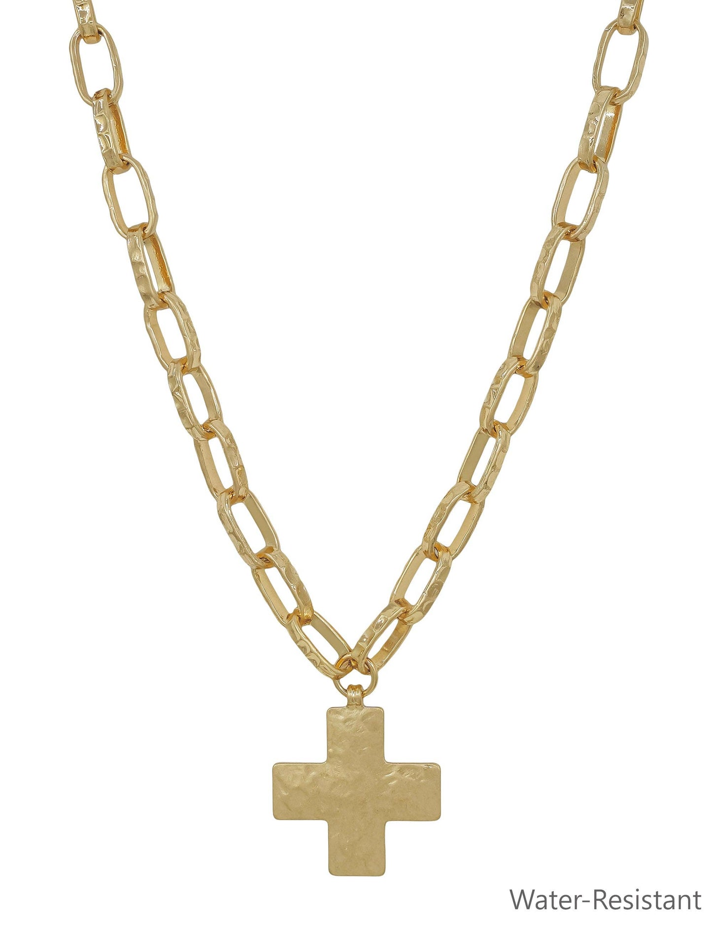 Water Resistant Gold Open Chain with Hammered Cross 16"-18" Necklace