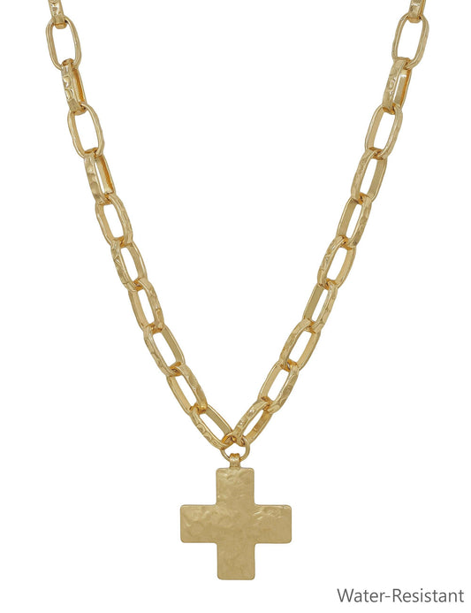 Water Resistant Gold Open Chain with Hammered Cross 16"-18" Necklace