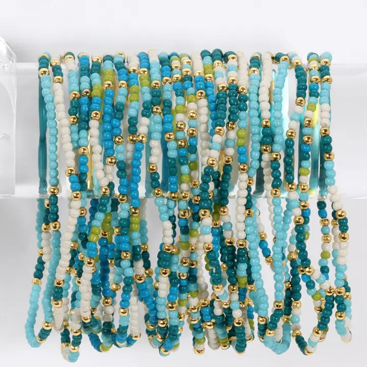 Blue/White/Green Assorted 2mm Stretch Seed Bracelet