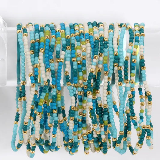Blue/White/Green Assorted 2mm Stretch Seed Bracelet