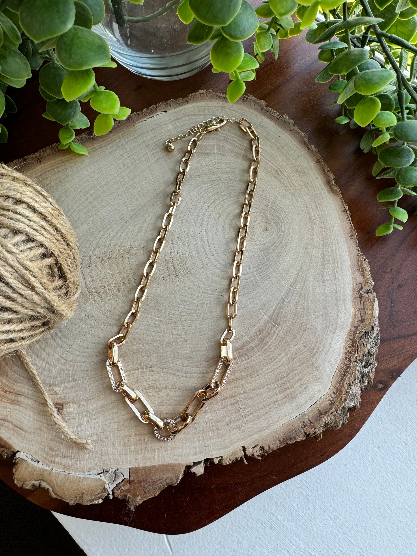 Gold Rhinestone Paperclip Necklace