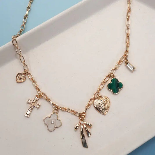 Charm Necklace Green Clover Bow Cross